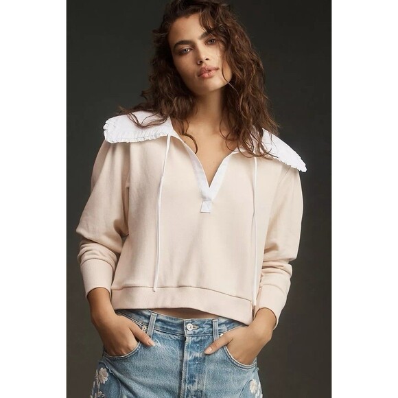 Anthropologie Tops - By Anthropologie Poplin-Collar V-Neck Sweatshirt XS Beige White Cropped Smocked